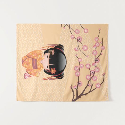 梅こけし人形 – 桃日本の芸者少女 タペストリー (正面(横))