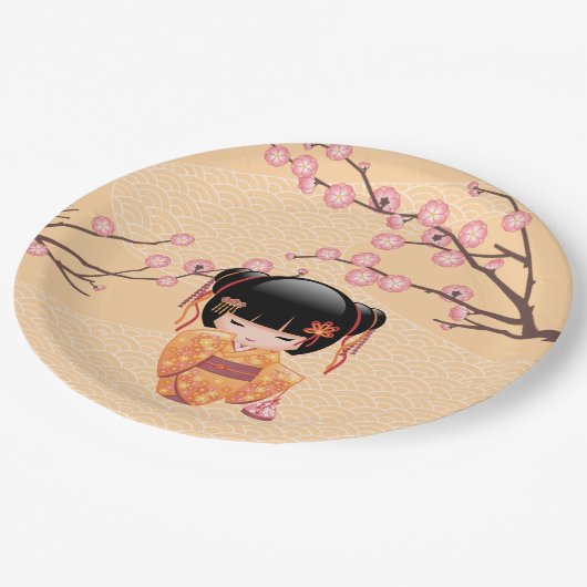 梅こけし人形 – 桃日本の芸者少女 ペーパープレート (アングル)