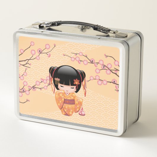 梅こけし人形 – 桃日本の芸者少女 メタルランチボックス (裏面)
