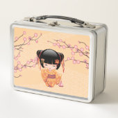 梅こけし人形 – 桃日本の芸者少女 メタルランチボックス (正面)
