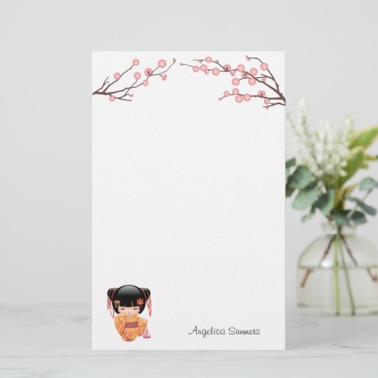 梅こけし人形 – 桃日本の芸者少女 便箋 (スタンド正面)