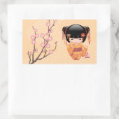 梅こけし人形 – 桃日本の芸者少女 長方形シール (バッグ)