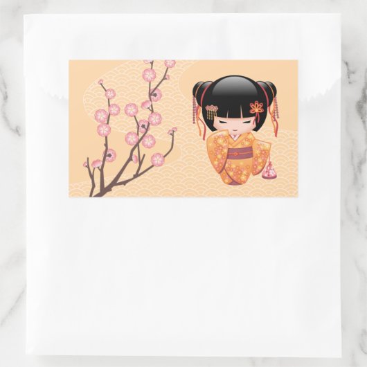 梅こけし人形 – 桃日本の芸者少女 長方形シール (バッグ)