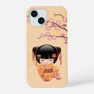 梅こけし人形 – 桃日本の芸者少女 iPhone 15ケース