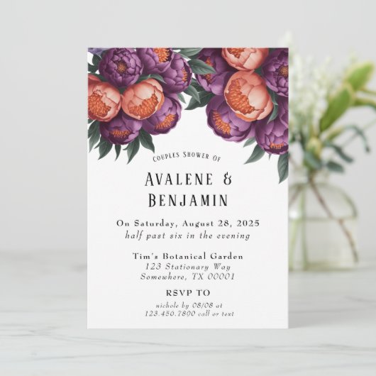 梅とオレンジの牡丹絵を描のカップルのシャワー 招待状 (スタンド正面)