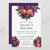 梅とオレンジの絵を描牡丹のカップルのシャワー 招待状 (正面/裏面)