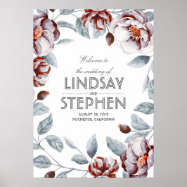 梅とブルゴーニュの花水彩結婚の看板 ポスター