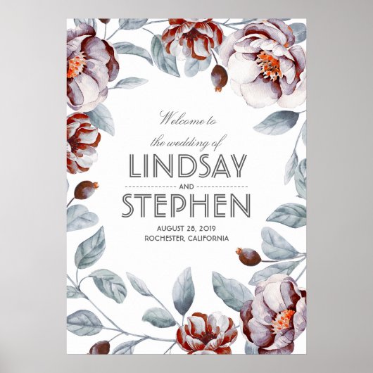 梅とブルゴーニュの花水彩結婚の看板 ポスター (正面)