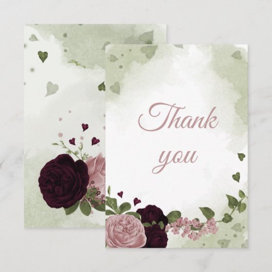 梅のかわいらしバーガンディとピンクの花 サンキューカード (正面/裏面)