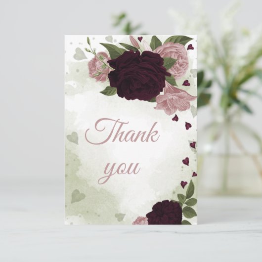 梅のかわいらしバーガンディとピンクの花 サンキューカード (スタンド正面)