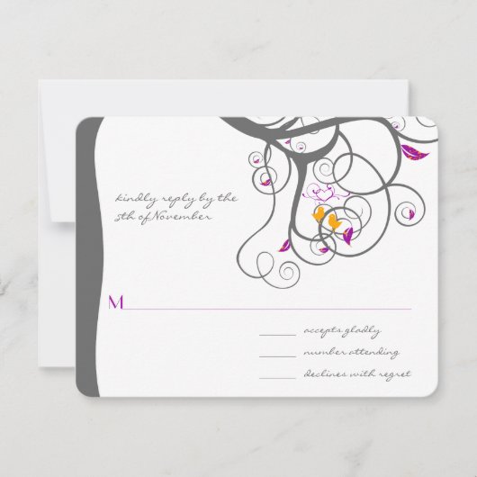 梅の木の渦巻きラブバードの結婚式招待状 出欠カード (正面)