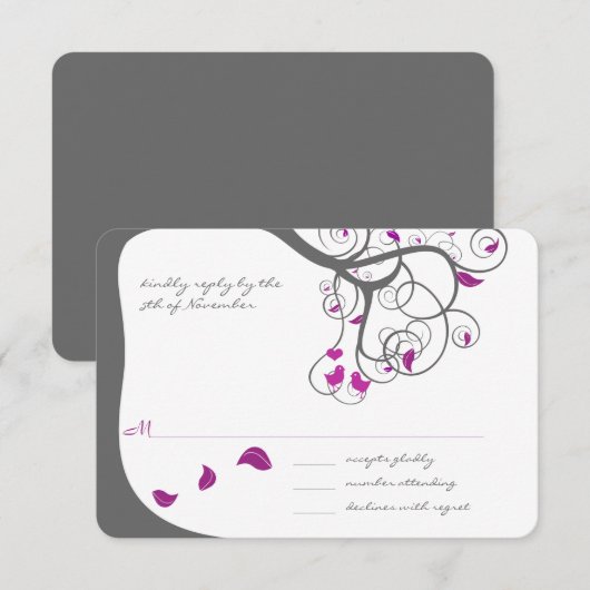 梅の木の渦巻き ラブバードの結婚式招待状 招待状 (正面/裏面)