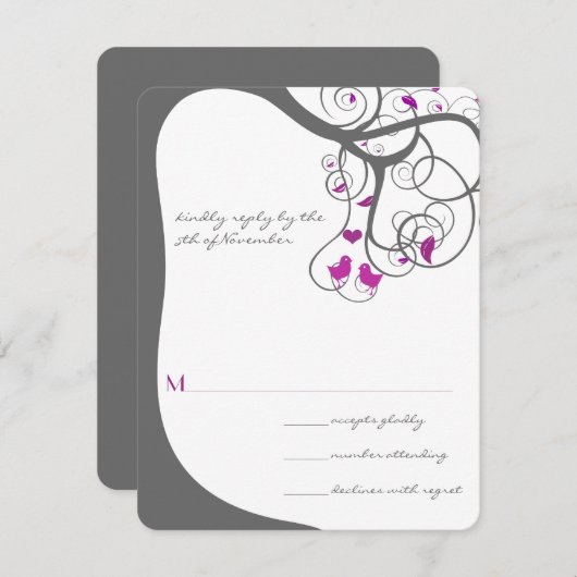 梅の木の渦巻き ラブバード ウェディング 招待状 (正面/裏面)