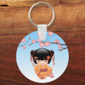 梅の木目人形 - 日本の芸者さん 青 キーホルダー (正面)