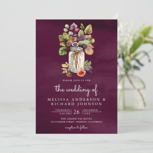 梅の紫のイチジクのメイスン結婚ジャー 招待状 (スタンド正面)