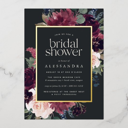 梅の花のブライダルシャワーへの招待 箔招待状 (正面)