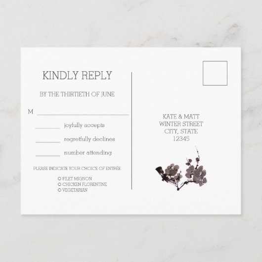 梅の花の墨絵の出欠確認カード(食事の選択肢付き) インビテーションポストカード (裏面)