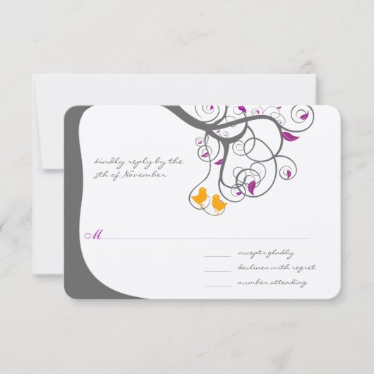 梅の葉の木と愛の鳥の結婚式招待状 出欠カード (正面)