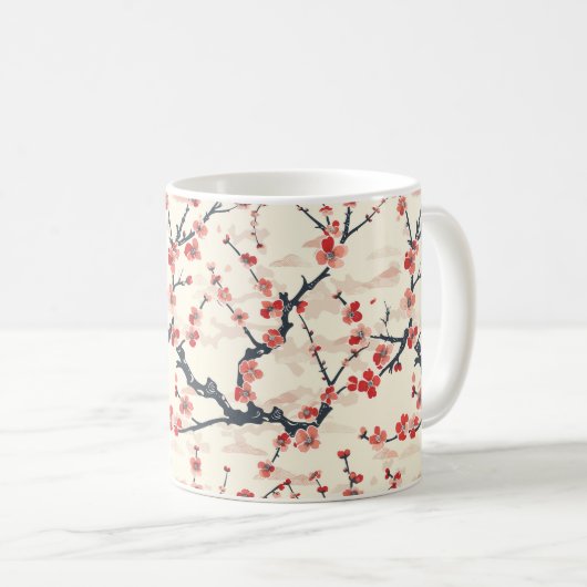 梅の赤珊瑚の花の象牙の波模様 コーヒーマグカップ (正面右)