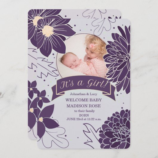 梅はっきりした植物女の子の誕生発表 案内状 (正面/裏面)