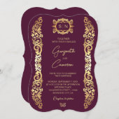 梅エレガントと金ゴールド枠の結婚式招待状 (正面/裏面)