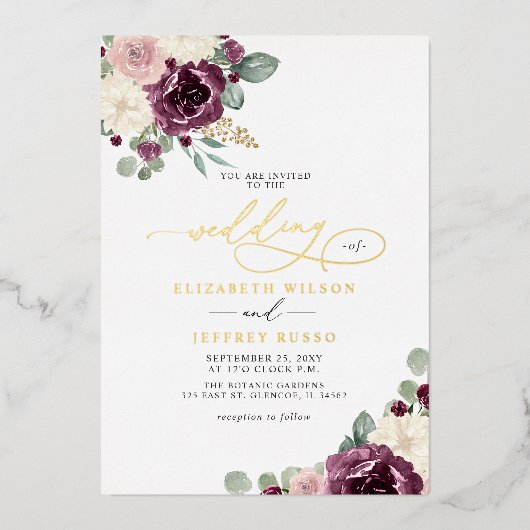 梅エレガントモダン金ゴールドフローラ結婚ズ 箔招待状 (正面)