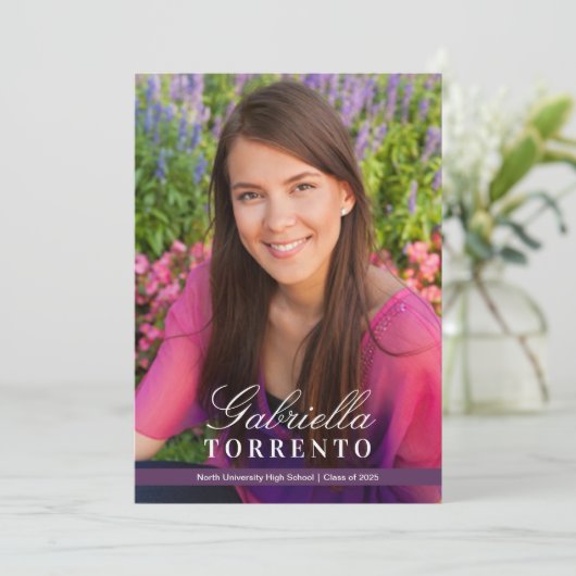 梅エレガント紫カスタム写真卒業パーティー 招待状 (スタンド正面)