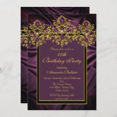 梅エレガント紫バースデーパーティーシルクジェム金ゴールド 招待状 (正面/裏面)