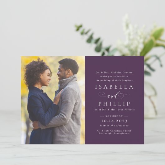 梅エレガント紫フォーマルの秋写真結婚の 招待状 (スタンド正面)