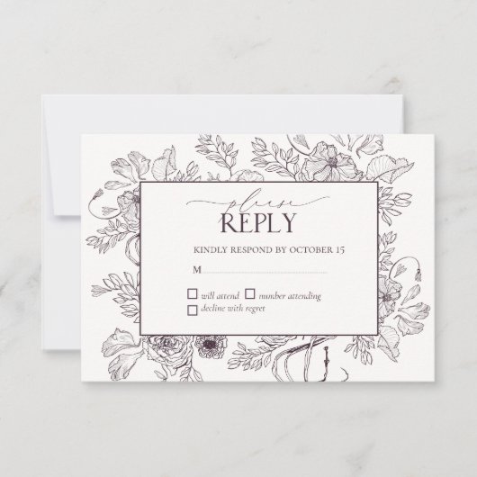 梅エレガント紫フローララインア結婚ート 出欠カード (正面)