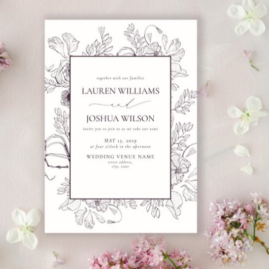 梅エレガント紫フローララインア結婚ート 招待状