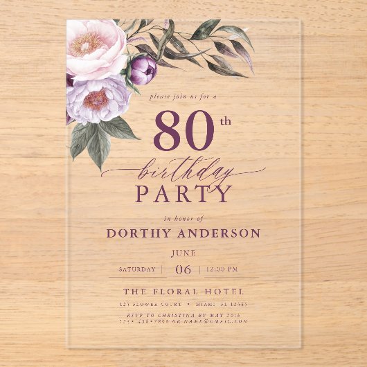 梅エレガント紫フローラ台本80誕生日 アクリル招待状 (正面)
