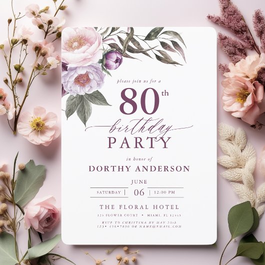 梅エレガント紫フローラ台本80誕生日 招待状