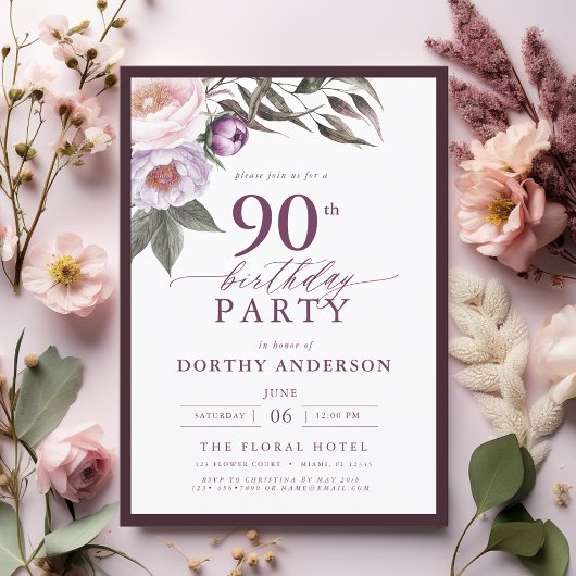 梅エレガント紫フローラ台本90誕生日 招待状