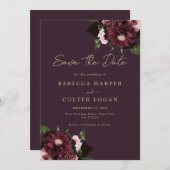 梅エレガント紫ブルゴーニュフローラ結婚ズ セーブザデート (正面/裏面)