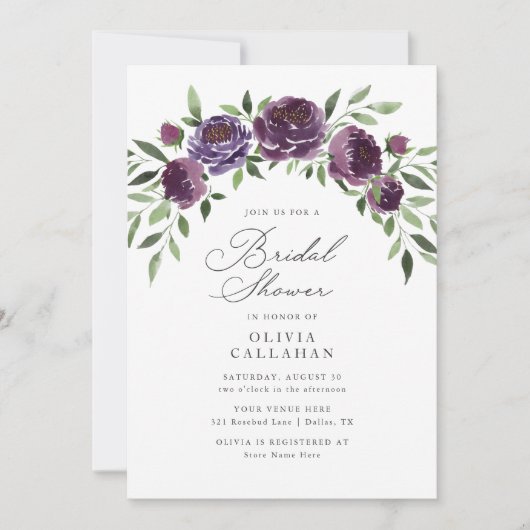 梅エレガント紫素朴フローラブライダルシャワー 招待状 (正面)