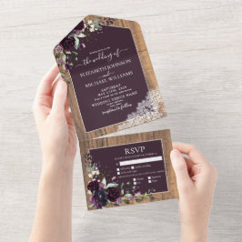梅エレガント紫素朴木レ結婚ース オールインワン招待状