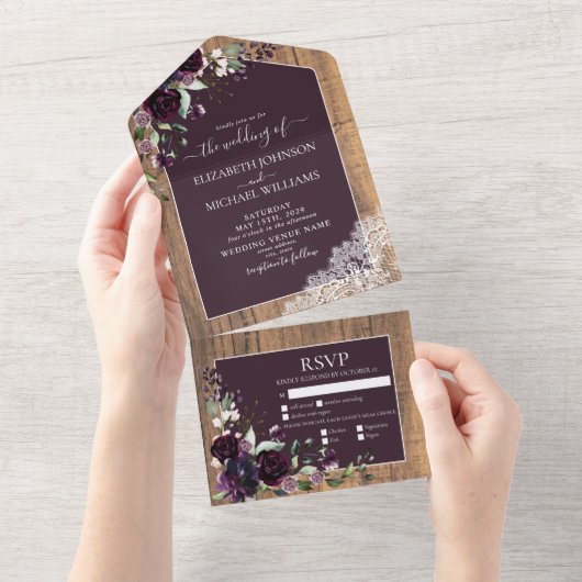 梅エレガント紫素朴木レ結婚ース オールインワン招待状 (貼ってはがせる)