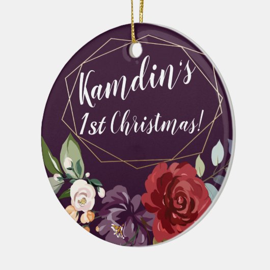 梅パーソナライズされた紫バラ金ゴールド幾何学模様 セラミックオーナメント (左)