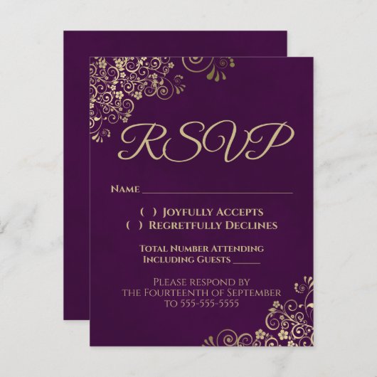 梅パープルエレガント&金ゴールドウェディングRSVPバイフォン 招待状 (正面/裏面)