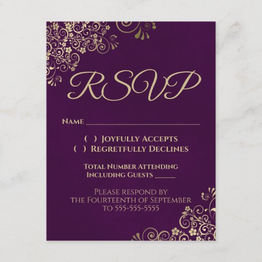梅パープルエレガント&金ゴールドウェディングRSVPバイフォン 招待状 (正面)