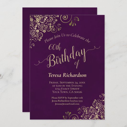 梅パープルエレガント&金ゴールドマイルストーン誕生日 招待状 (正面/裏面)