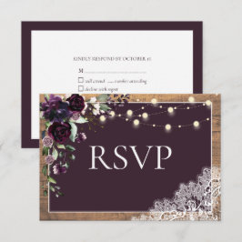 梅パープル素朴フローラレースウッドウェディングRSVP 出欠カード