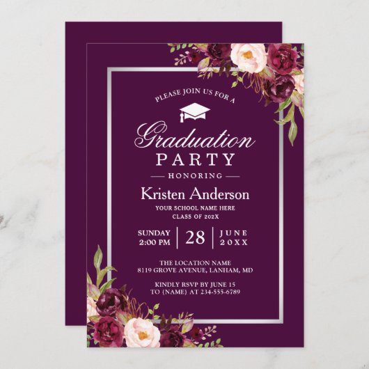 梅パープル素朴フローラ卒業パーティー 招待状 (正面/裏面)