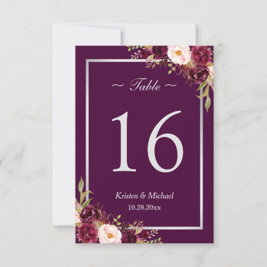 梅素朴紫フローラシルバーグレーテーブル番号 招待状 (正面)