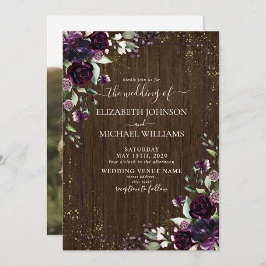 梅素朴紫金ゴールド水彩大理石写真 招待状 (正面/裏面)