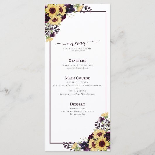 梅紫ひまわり水彩色結婚のメニュー メニュー (正面)