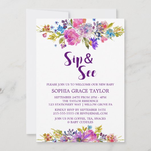 梅紫ピンク&青の花sipと参照 招待状 (正面)