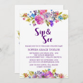 梅紫ピンク&青の花sipと参照 招待状 (正面/裏面)