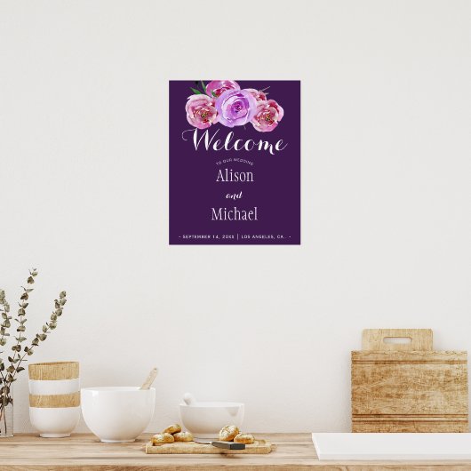 梅紫フローラエレガントなウェディングウェルカムサイン ポスター (キッチン)